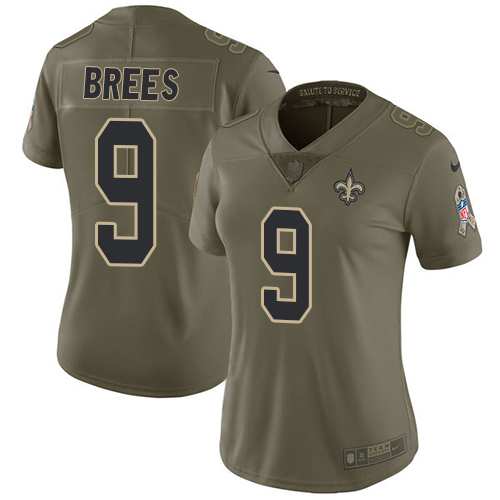 Nike Saints #9 Drew Brees Olive Women's Stitched NFL Limited Salute to Service Jersey